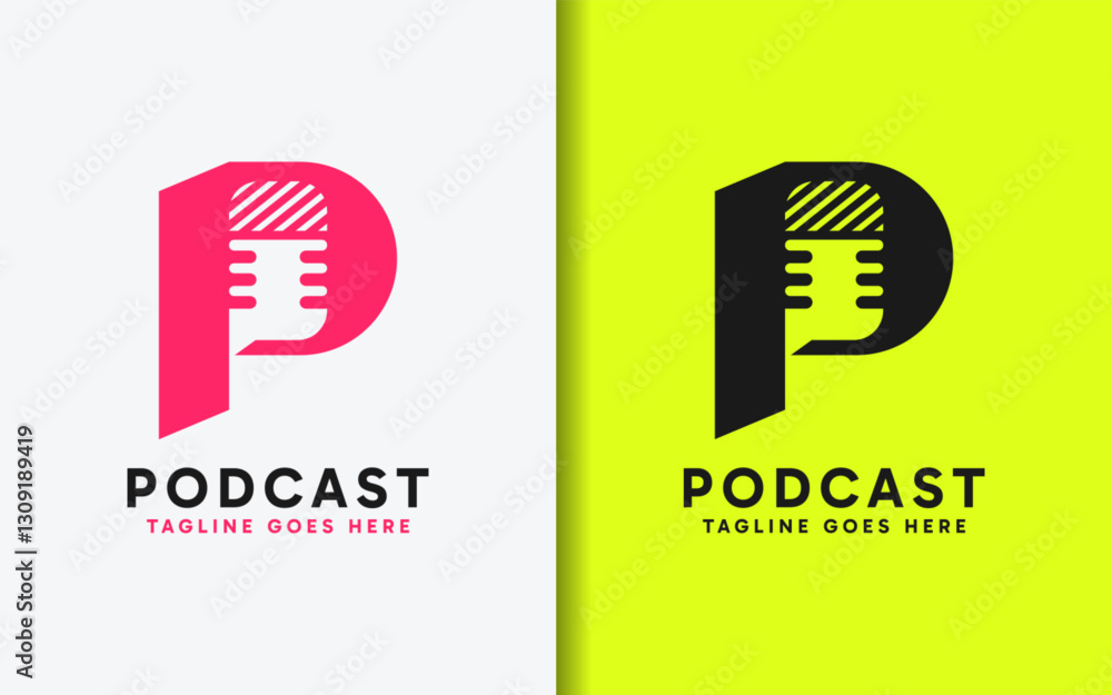 Poster abstract minimalist initial letter p logo design combined with stylish microphone. vector logo illus