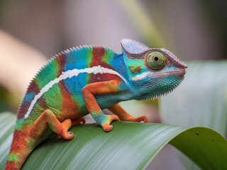 Obraz premium A vibrant chameleon perched on a leaf, showcasing its striking blue, green, and orange colors.
