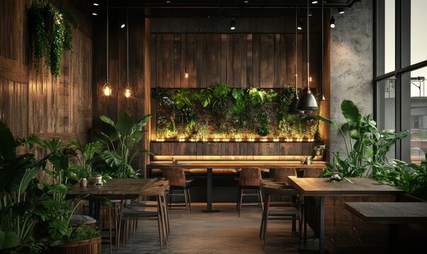 Contemporary dining area with industrial lighting, rustic wooden table, and green plants as decorative accents, warm and inviting vibe