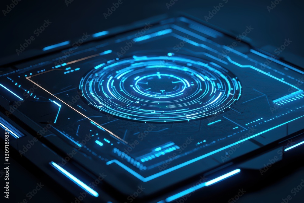 Poster high-tech interface with holographic elements and futuristic visual design in dark environment