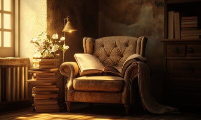 Cozy corner with a vintage armchair, stacked books, and warm ambient lighting creating a peaceful and nostalgic reading nook