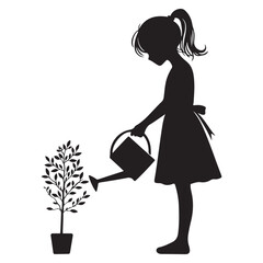 Silhouette Girl Watering Young Plant Black and White Vector Art