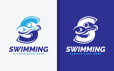 A minimalist symbol logo featuring the letter S seamlessly combined with a swimming people. Representing sports, fitness, and aquatic activities.