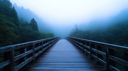 Obraz premium Misty Japanese Wooden Bridge Crossing Over a Serene River Surrounded by Lush Greenery
