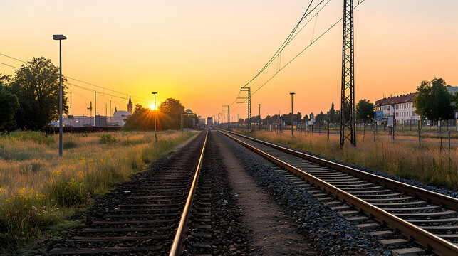 Golden Sunset Over Railway Tracks Leading Towards Horizon with City Skyline