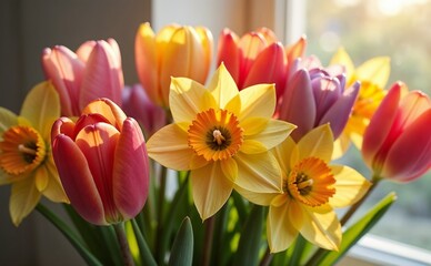 Fototapeta premium Festive bouquet with tulips and daffodils, cheerful mood, bright colors, perfect for a greeting card 