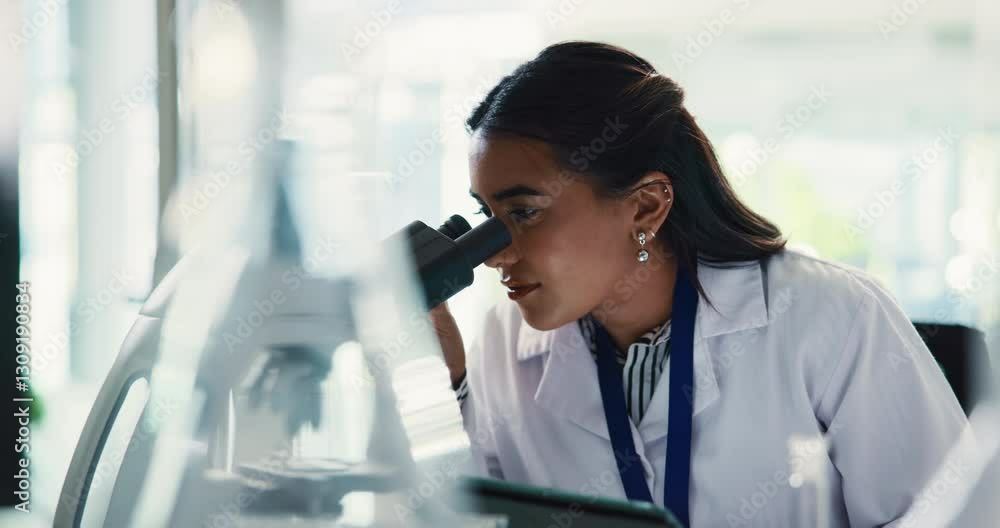Poster scientist, microscope and woman with tablet in lab for research, medicine development and experiment