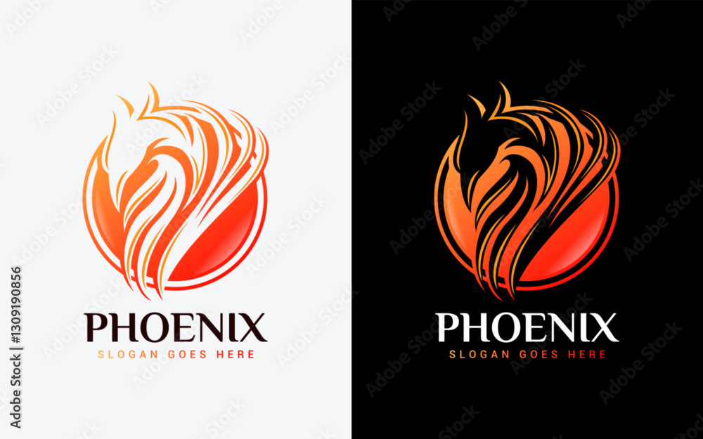 Poster a modern minimalist logo symbol featuring a sleek phoenix seamlessly integrated into a circular shap
