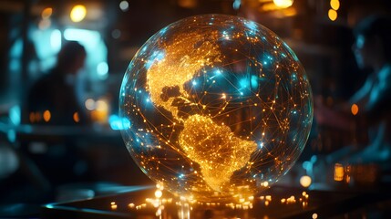 A glowing holographic globe with interconnected points, symbolizing global connectivity and technology