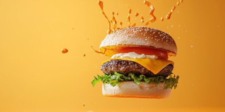 Floating burger with garlic aioli splashes on a pastel orange background
