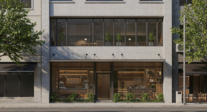 Contemporary coffee shop with sleek architecture and inviting facade in an urban environment