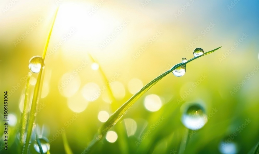 Poster abstract background of dew drops shining in the morning sun. out of focus image of dew drops on gras