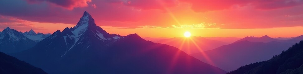 Fototapeta premium Sunrise paints vibrant cross silhouette against majestic mountain peaks , divine, elevation, worship