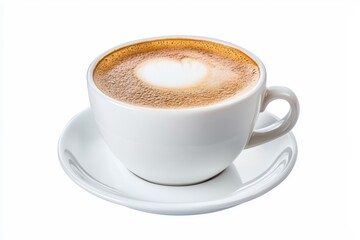 Hot Cappuccino in White Cup with Rich Foam Isolated on White Background
