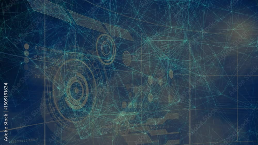 Poster animation of interconnected lines and circles over digital interface background