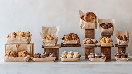 A minimalist display of bakery items styled in compostable packaging. pic