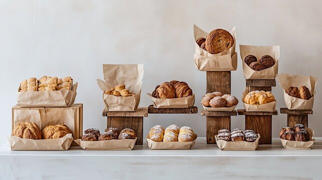 A minimalist display of bakery items styled in compostable packaging. pic