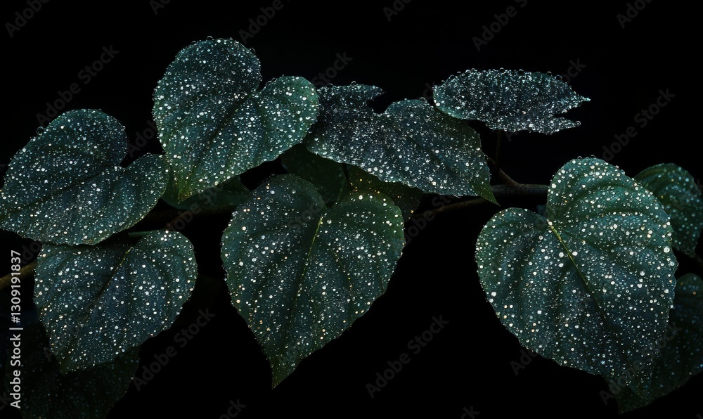 Poster dark green textured leaves with fine dew drops illuminated by diffused light creating a peaceful and