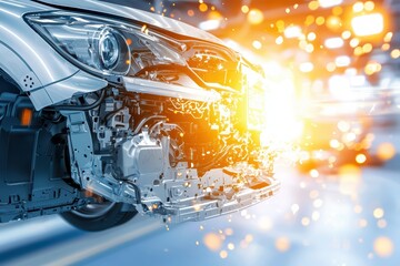 Fototapeta premium Hydrogen Fuel Cell Technology in Action Amidst Abstract Sparks and Chaos in a Modern Setting