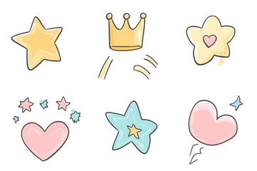 Cute Hand-Drawn Stars, Hearts, and Crown Pastel Doodle Set for Kids