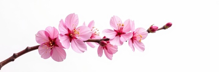 Tilted pink spring blossom branch, isolated Delicate petals, white background , blossom branch, background, plant