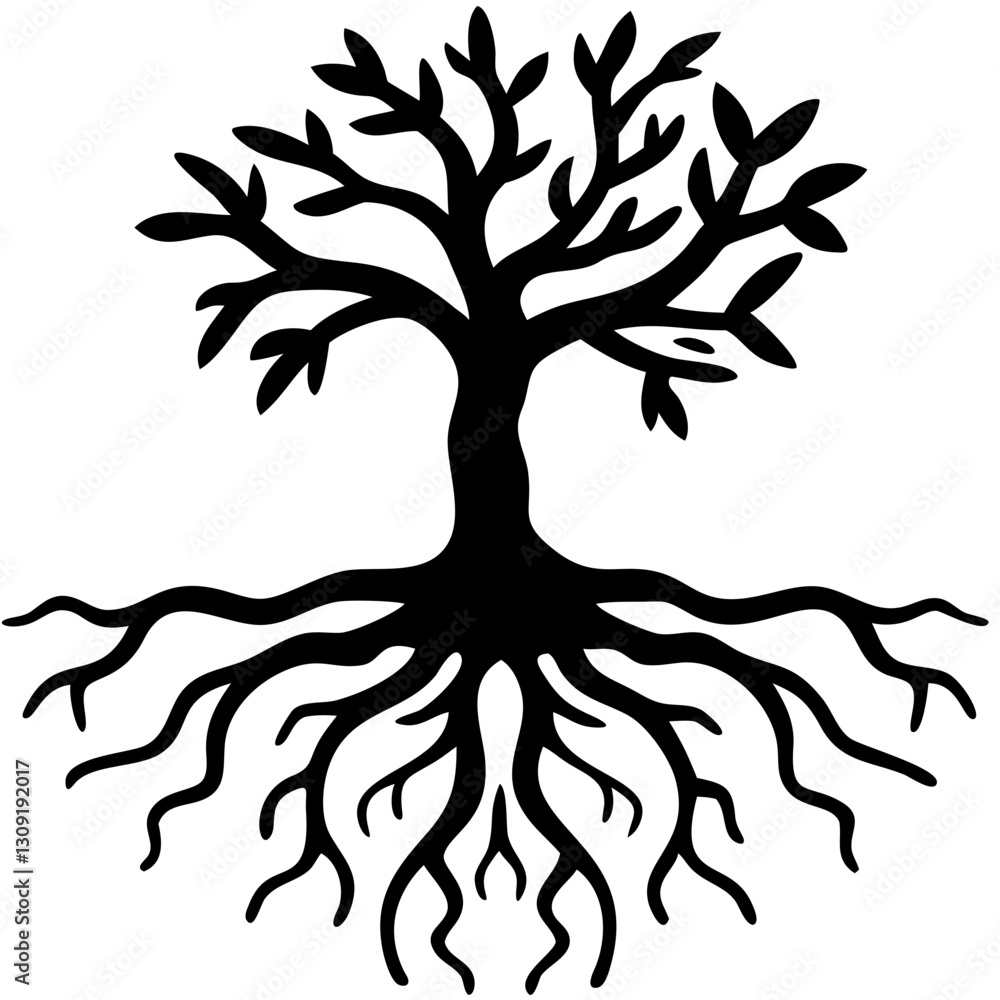 Aufkleber silhouette tree with roots symbolizing growth and connection vector design