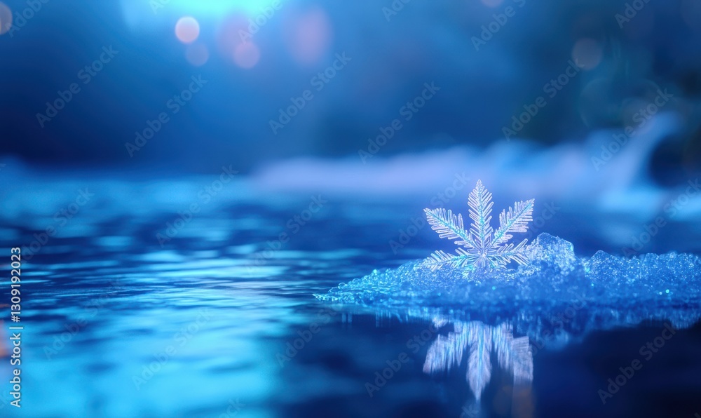 Poster delicate snowflake resting on a frosty surface illuminated by cold blue light creating a serene and 