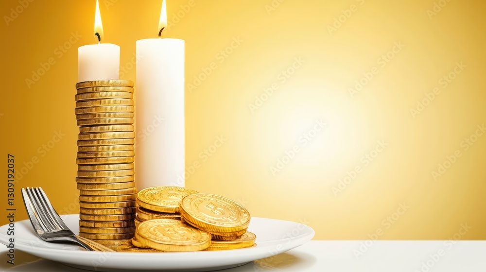 Poster investment concept with candlestick chart and stack of coins on a plate with fork