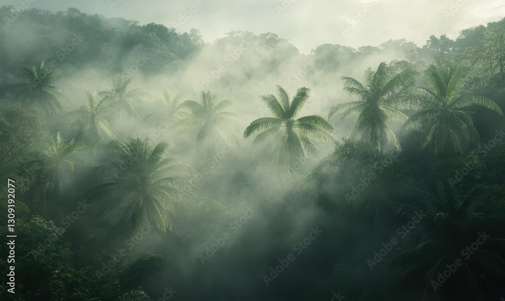 Poster dense fog rolling through a mystical forest, soft light filtering through tall trees, creating a moo