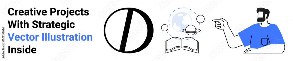 Poster open book and planet with orbiting circles symbolizing learning. person gesturing towards dynamic vi