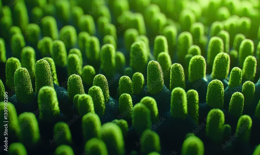 Poster dense rows of vibrant green moss spores illuminated by natural light creating a dynamic and intricat