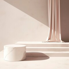 Minimalist Beige and White Product Display with Marble Pedestal and Draped Fabric