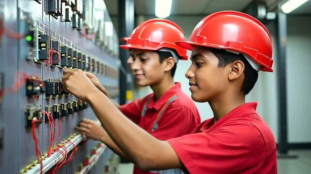 Young trade school students proudly point at their successfully wired electrical panel, exchanging joyful expressions in a well-organized vocational training center with circuit di