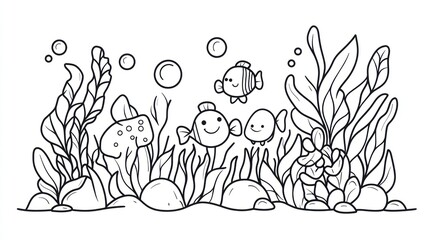 Black and white underwater scene with fish and seaweed.  Suitable for coloring books or educational materials