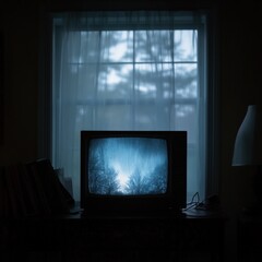 Fototapeta premium Vintage television displaying eerie forest scene, illuminated by soft blue light, indoors