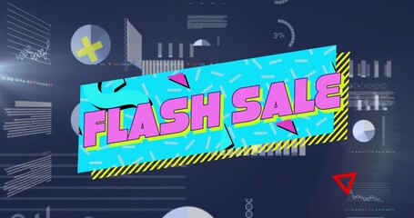 Flash Sale text animation over dynamic financial data and charts background - Powered by Adobe