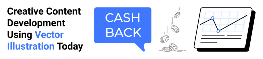 Cashback text in speech bubble, coins falling, chart with upward trend line. Ideal for financial rewards, budgeting, investments, marketing, e-commerce, business growth strategies flat landing page