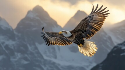 Fototapeta premium Majestic eagle soaring, golden light, snowy peaks.