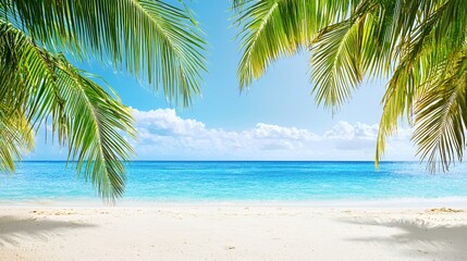 Fototapeta premium Tropical Beach Paradise: Vibrant Blue Ocean, White Sand, and Lush Palm Trees