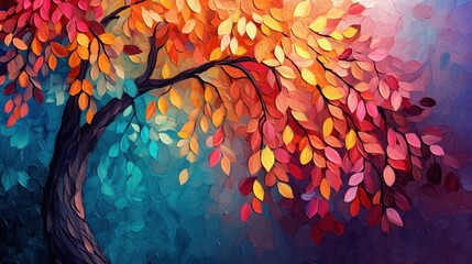 Vibrant autumn tree with colorful leaves in abstract artistic style