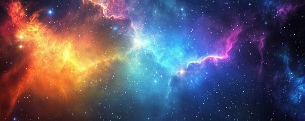 Vibrant image of cosmic nebula featuring array of colors like blue, purple, and orange, showcasing beauty and vastness of deep space with countless stars.