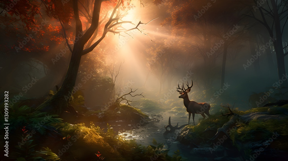 Poster a magical hyper-realistic forest at dawn with soft golden light filtering through the trees, represe