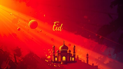 Eid mubarak islamic design hanging ramadan candle lantern and mosque, Abstract background animation religious Asian Muslim festival celebration