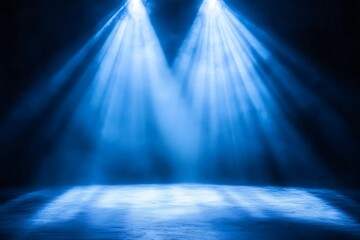 Dramatic Blue Spotlight Stage Background Illuminated Empty Floor, Dark Atmosphere