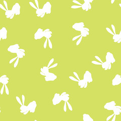 Seamless pattern with white silhouette Easter rabbits on color background. Design for card, postcard, wallpaper, fabric, textile. Vector stock illustration. Cartoon style.