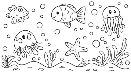 Cartoon Underwater Scene with Fish and Jellyfish