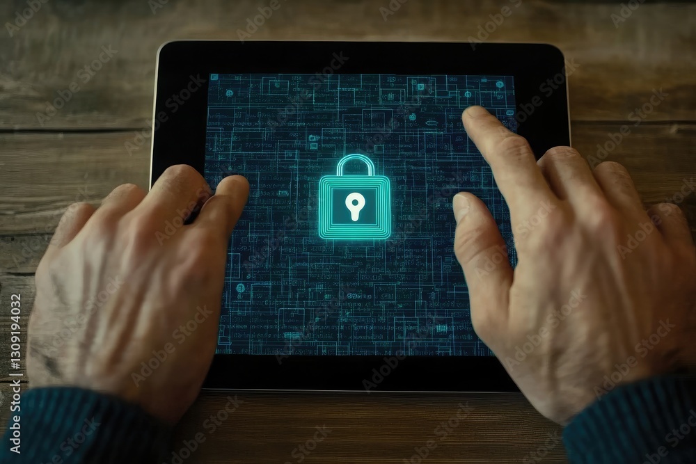 Poster person using tablet to access secure digital data and information online privacy protection