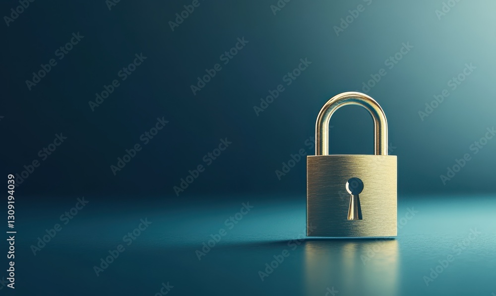 Poster abstract representation of a golden padlock symbolizing security and protection on a soft blue backg