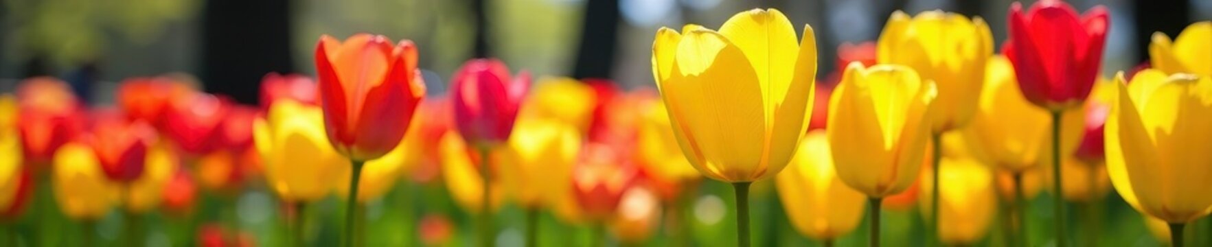 Vibrant yellow & red tulips blooming in Boston Common's spring sunshine , petal, closeup