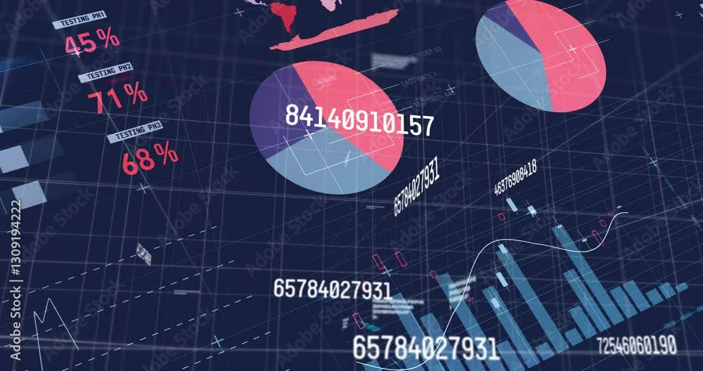 Poster animation of financial graphs and pie charts with numerical data over world map